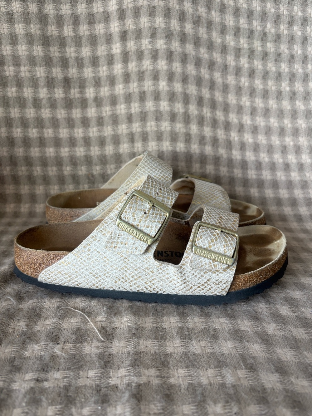 BIRKENSTOCK ARIZONA MICROFIBER SHINY PYTHON EGGSHELL SANDALS WOMENS 6